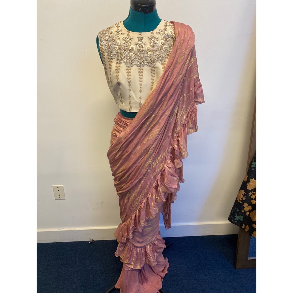Earthy Pink Gold Foil Printed Three Layered Saree